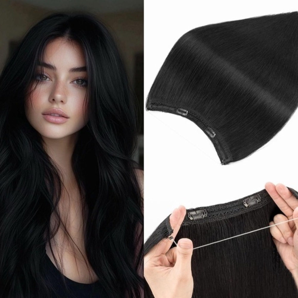 16” Jet Black Human Hair Halo Extensions 1pc 65g It#QB9SB